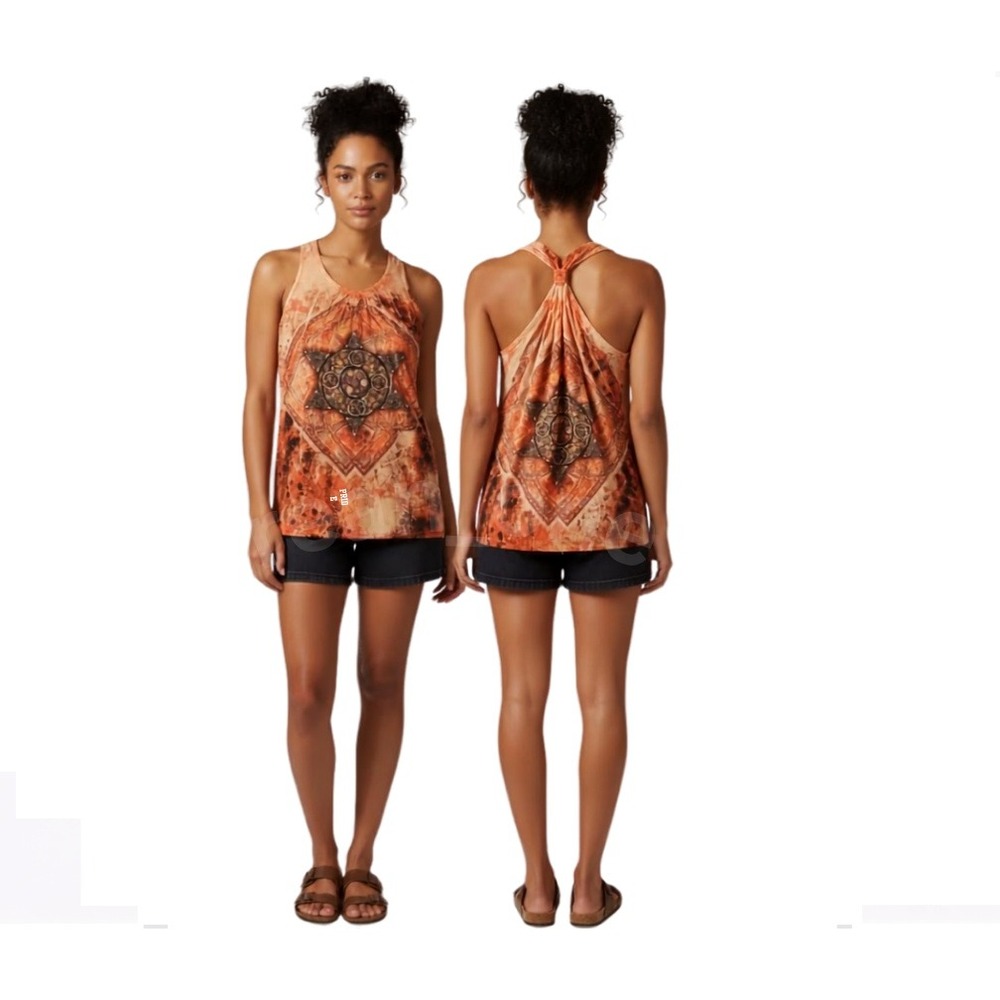 Vintage Orange Geometric Tribal Print Sleeveless Racerback Top Women's Large